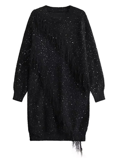 XITAO Sequin Patchwork Tassels Pullover Knitting Dress Solid Color Loose Casual Personality Temperament Slimming Dress GMM1339