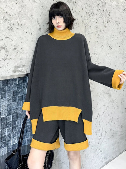 XITAO Irregular Hem Both Side Can Wear Contrast Color Matching Set Loose Fitting Fashion Knitting High Collar Autumn Set GMM1153