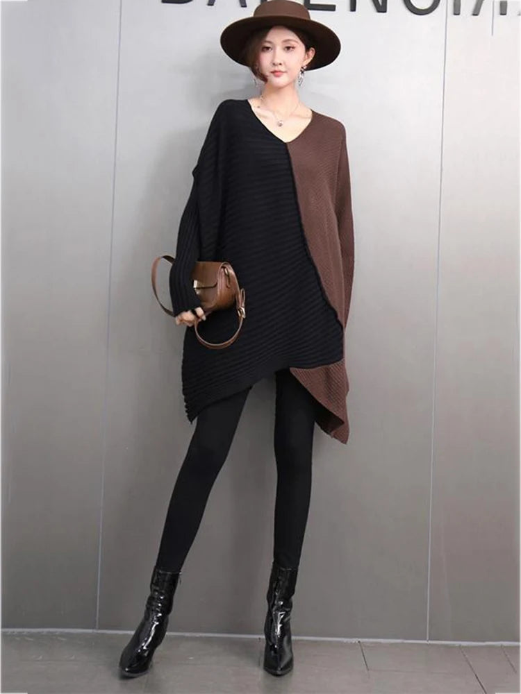 XITAO Fashion Europe Irregular Casual Full Sleeve Sweater Lazy V-neck Batwing Knitting Contrast Color Loose Pullover GMM1015