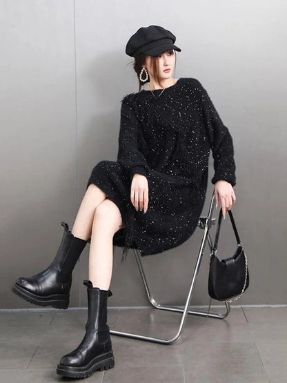 XITAO Sequin Patchwork Tassels Pullover Knitting Dress Solid Color Loose Casual Personality Temperament Slimming Dress GMM1339