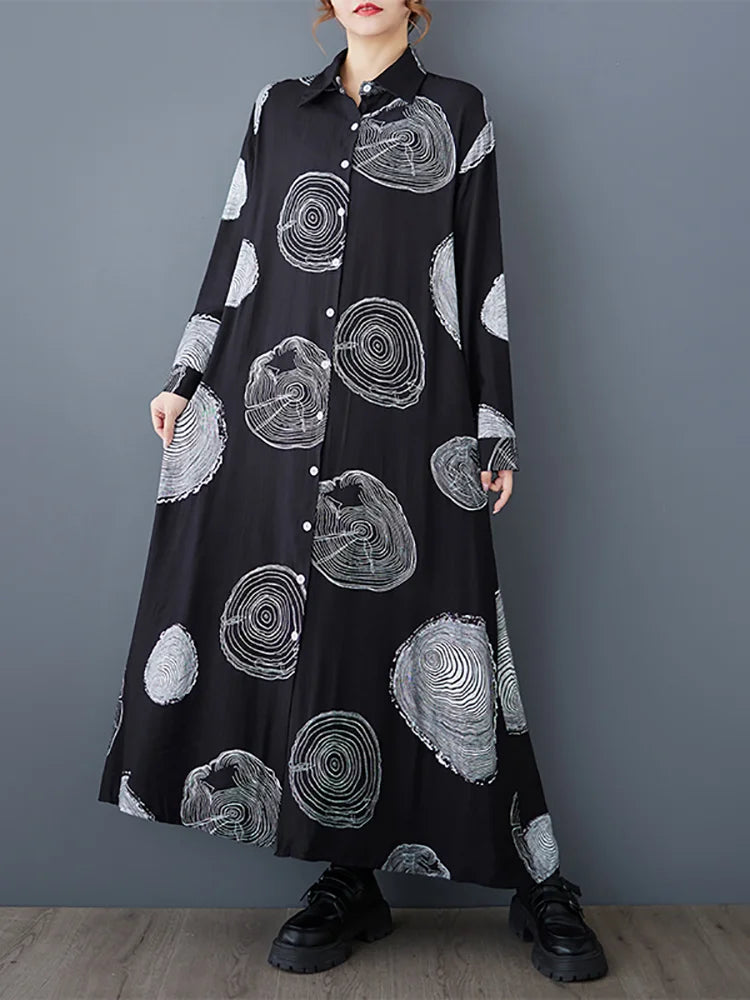 XITAO Print Flower Single Breasted Buckle Contrast Color Dress Fashion A-line Casual Full Sleeve Turn-down Collar Dress GMM1182