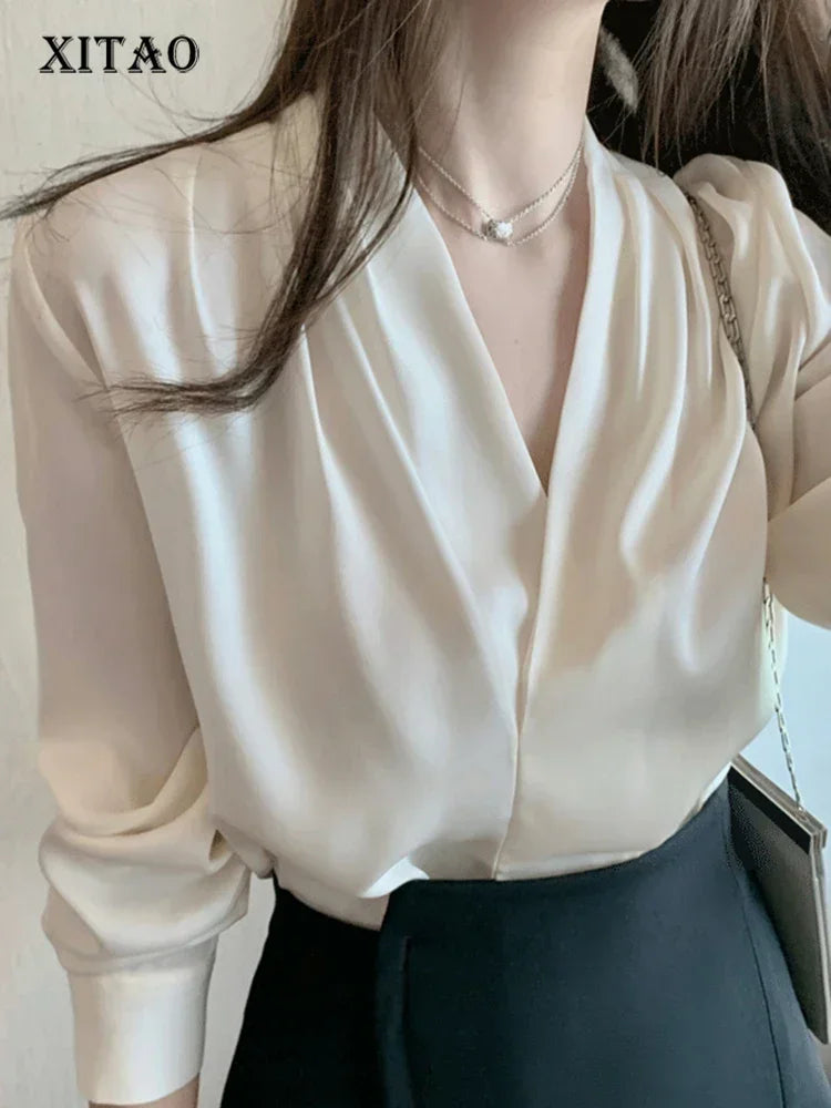 XITAO V-neck Full Sleeve Shirt Temperament Simplicity Simplicity Goddess Fan 2024 Spring Women New All-match Shirt Top LYD1248