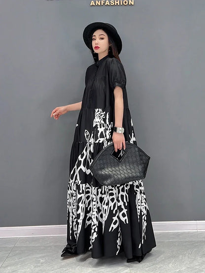 XITAO Pleated Casual Dress Loose Fashion Contrast Color Print Stand Collar Large Size Shirt Dress Temperament New Women WLD7792