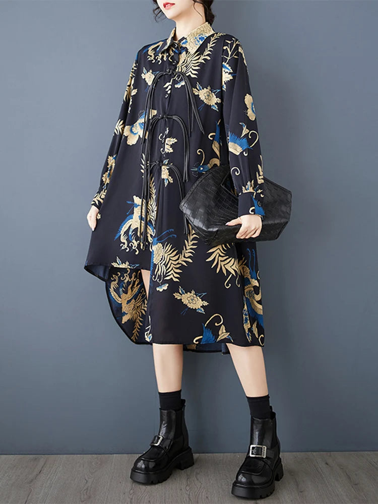 XITAO Irregular Print Patchwork Tassels Dress Casual A-line Mid-calf Full Sleeve Single Breasted Autumn Women Dress GMM1305