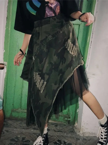 XITAO Camouflage Mesh Splice Long Skirt Street Asymmetrical High Waist Summer Clothes for Women Fashion Loose Casual  XJ1689