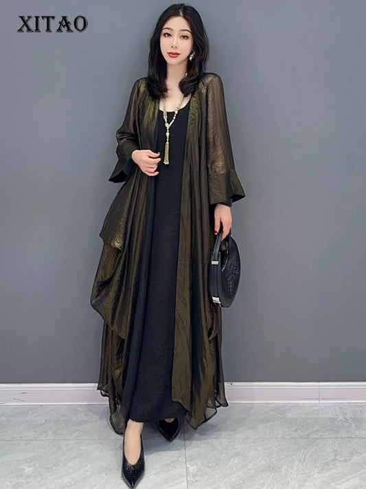 XITAO V-neck Nine Quarter Sleeve Trench Fashion Solid Color Loose Casual Temperament Summer Women New Trench HQQ2342