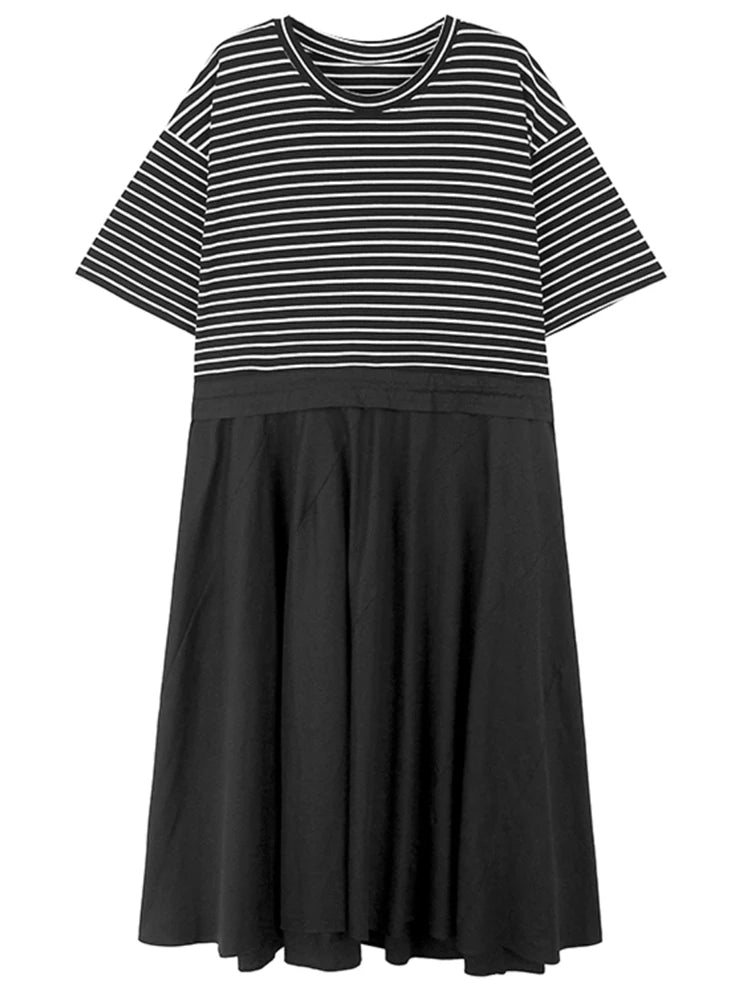 XITAO O-neck Striped Patchwork A-line Dress Drawstring Slimming Loose Casual Pullover Fashion Women New 2024 Dress DMJ4108