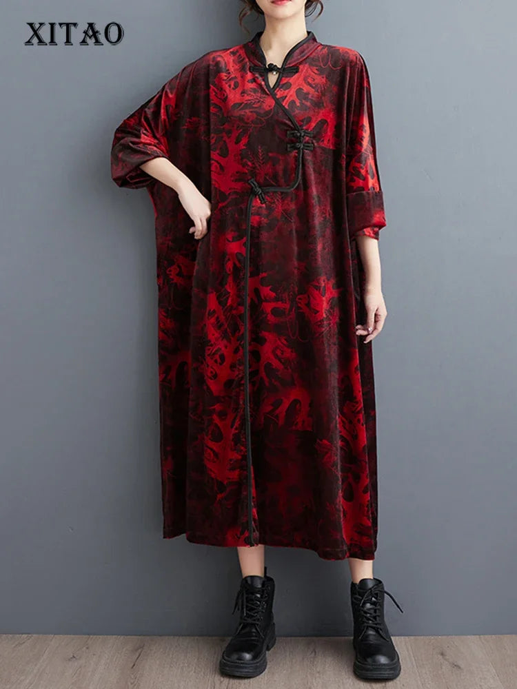 XITAO Velvet Printing Dress Stand Collar Coil Buckle Long Sleeve Vintage Literary Artistic National Style Dress New DMJ3415