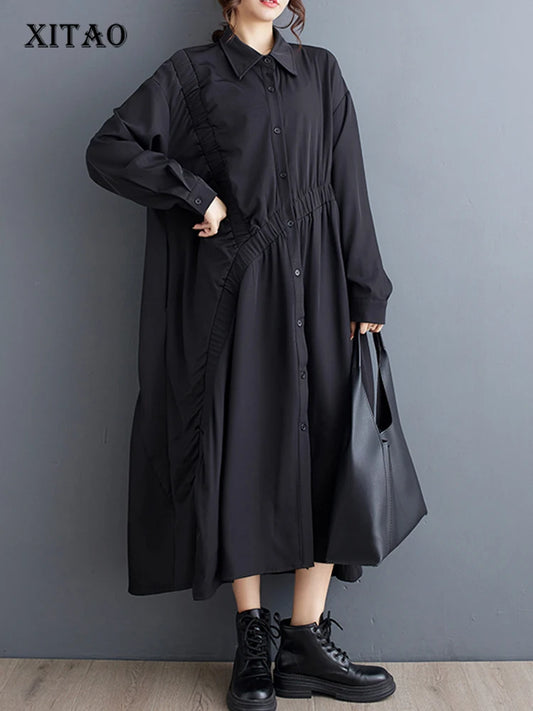 XITAO Full Sleeve Turn Down Collar Loose Female Dress Asymmetrical Casual Solid Color Simplicity Autumn New Women Dress ZY8889