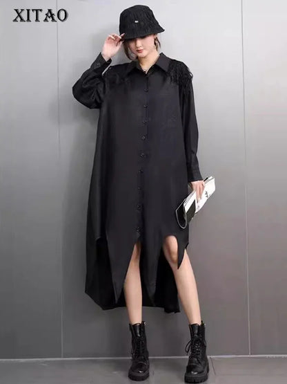 XITAO Turn-down Collar Solid Color Long Sleeve A-line Casual Dress Irregular Lace Design Style Loose Autumn Women Dress GMM1051