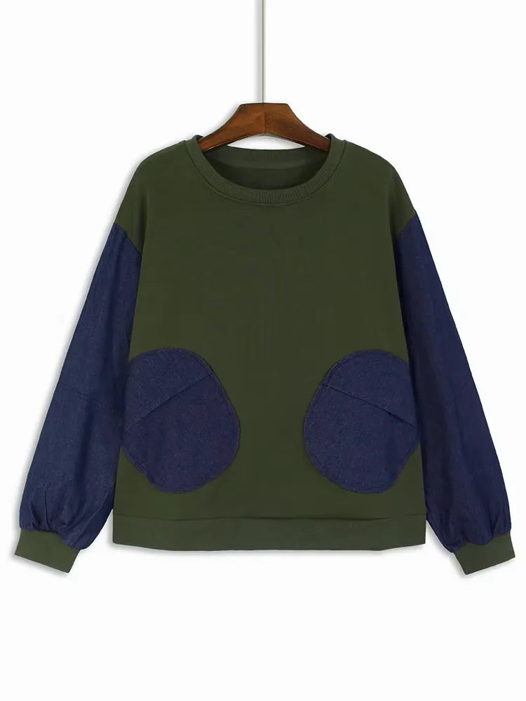 XITAO Loose Dot Denim Patchwork Women Sweatershirt Personality O-neck Round Pocket Casual Long Sleeve Pullover Female Top GJ1116