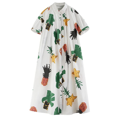 XITAO Vintage Printed Dress Turn Down Collar Short Sleeve Single Breasted Simplicity Korea Summer Fashion Women Dress LYD1760