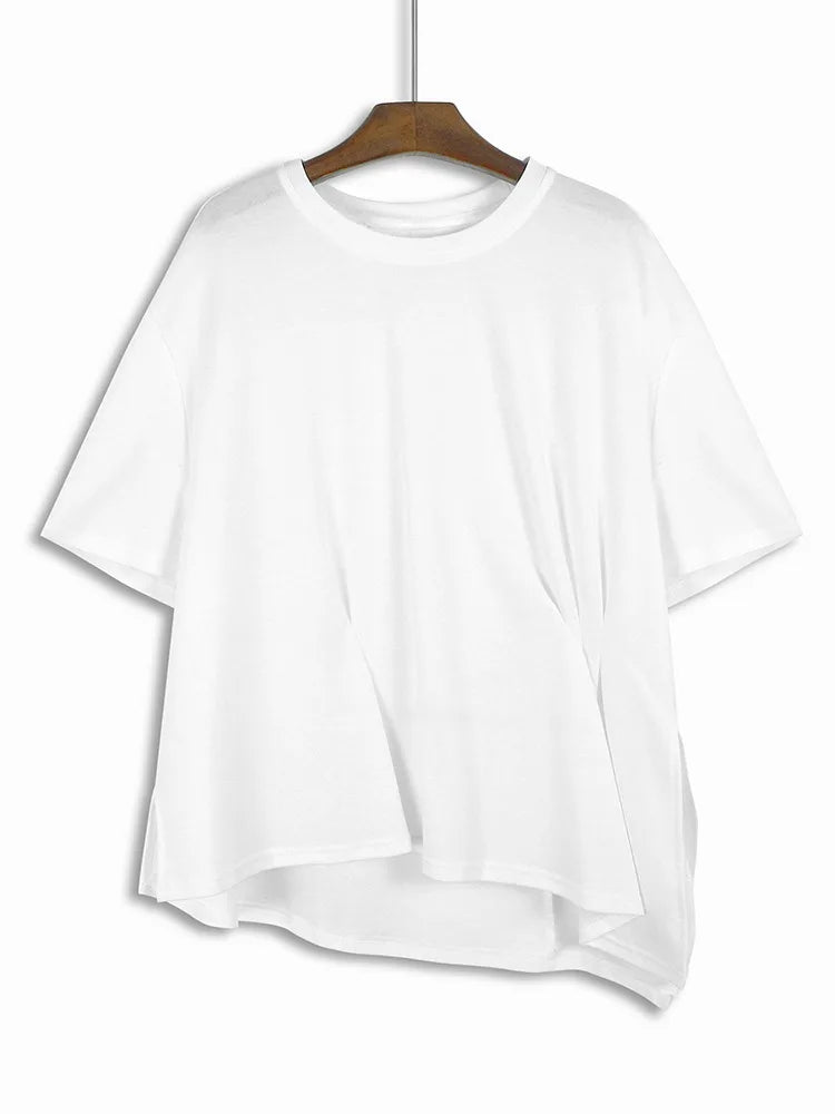 XITAO Asymmetrical Folds Short Sleeve T-shirts O-neck Solid Color Pullover Side Split All Match 2024 Summer Casual New HQQ2329