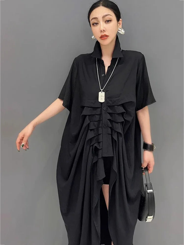 XITAO Irregular Singe Breasted Short Sleeve Dress Mid-calf A-line Solid Color Turn-down Collar Female Fashion Dress GMM1371