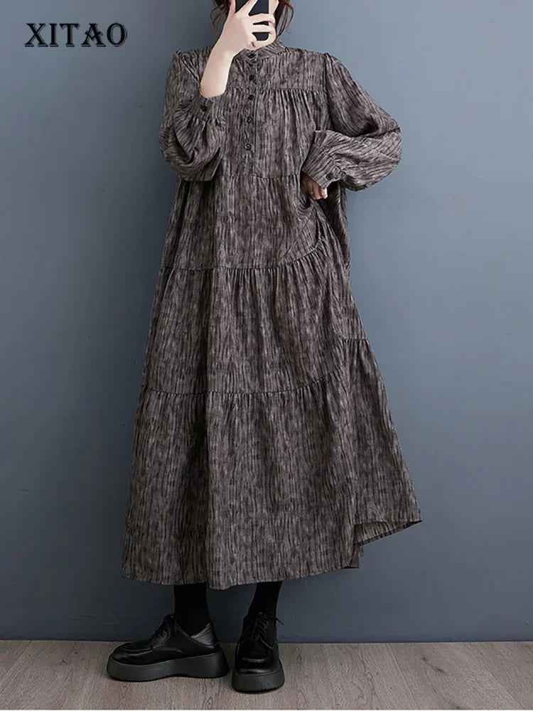 XITAO Vintage Casual Print Dress Simplicity Trend Street Wind Women Autumn New Arrival Loose Appear Thin Folds Dress LYD1213