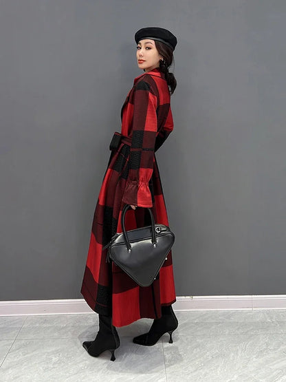 XITAO Plaid Bandage Women Tailored Coat Fashion Contrast Color Turn-down Collar Simplicity Coat Spring All-match New WLD13012