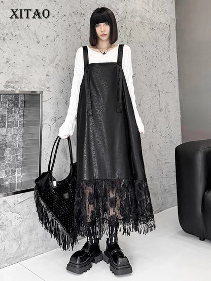 XITAO Lace Tassels Spaghetti Strap Dresses Solid Color Patchwork Square Collar Pullover Loose Fashion Dresses 2024 Autumn LJ1019