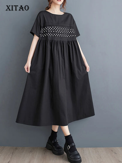 XITAO O-neck Patchwork Small Polka Dot A-line Female Dress Loose Casual Fashion All-match Summer Women Slimming Dress DMJ4186