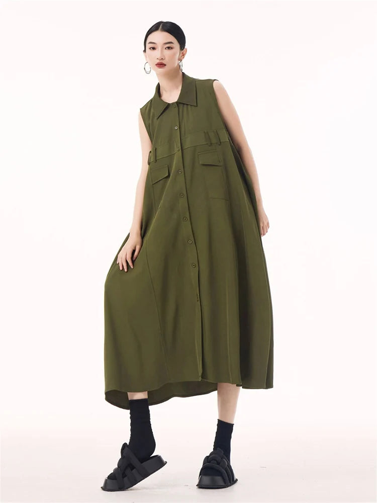 XITAO Sleevel Single Breasted Pocket Dress Mid-calf Turn-down Collar Female Fashion Solid Color Casual Slimming Dress GMM1360