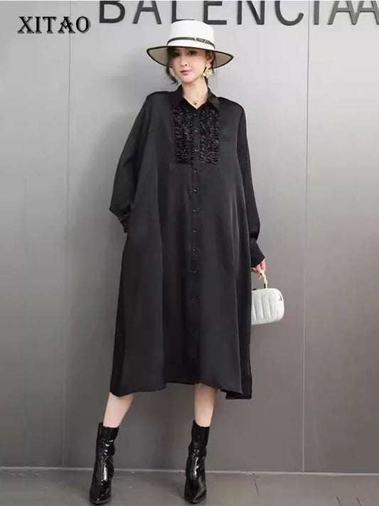 XITAO Single Breasted Fold Shirt Collar Dress Vintage French Style Casual A-line Solid Color Simple Autumn Women Dress GMM1258