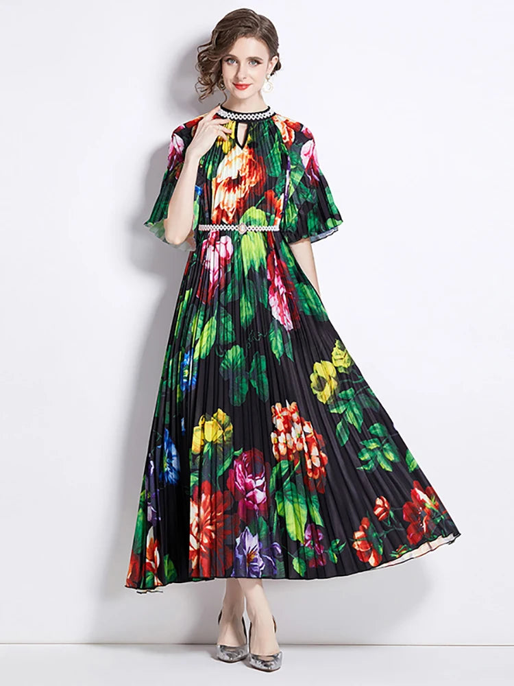 XITAO Embroidered Flares Hollow Out Folds Print Dress O-neck Pullover Short Sleeve Summer Temperament HQQ2360