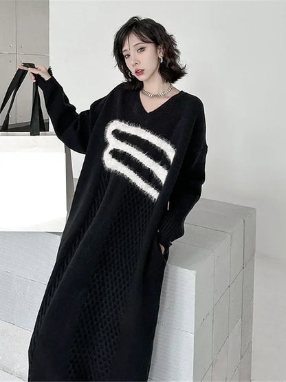 XITAO Knitted Pattern Dress Fashion Pullover Full Sleeve Small Fresh Casual Style 2023 Autumn Minority Loose Dress FBB1182