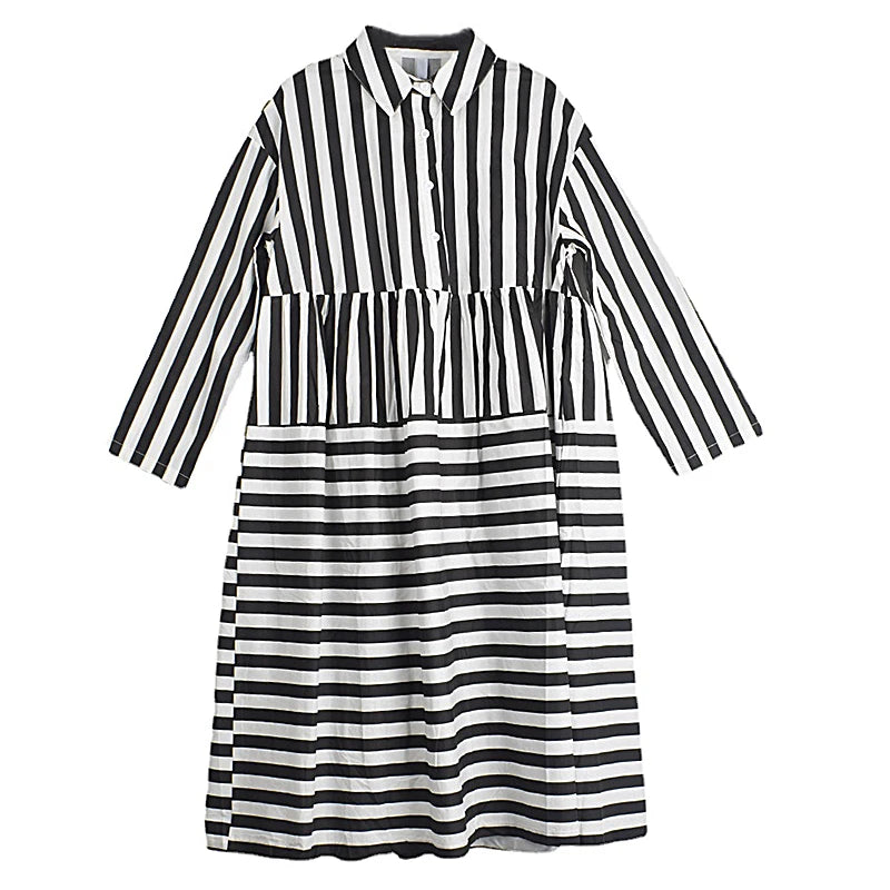 XITAO Striped Full Sleeve Dress Contrast Color Loose Casual Appear Thin Single Breasted 2024 Spring Women New Dress DMJ2672