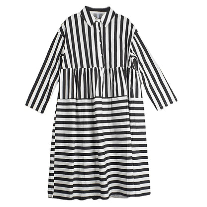 XITAO Striped Full Sleeve Dress Contrast Color Loose Casual Appear Thin Single Breasted 2024 Spring Women New Dress DMJ2672