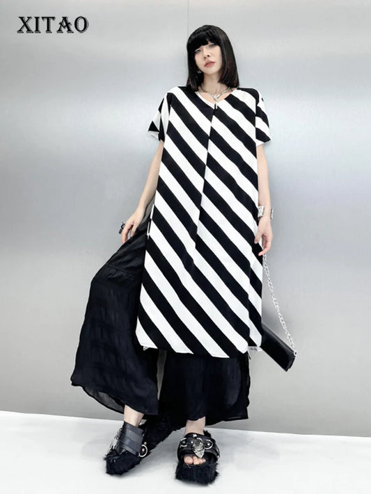 XITAO Striped Slit Dress Casual Fashion Contrast Color O-neck Collar Short Sleeve T-shirt Dress 2024 Summer New Women ZY8820