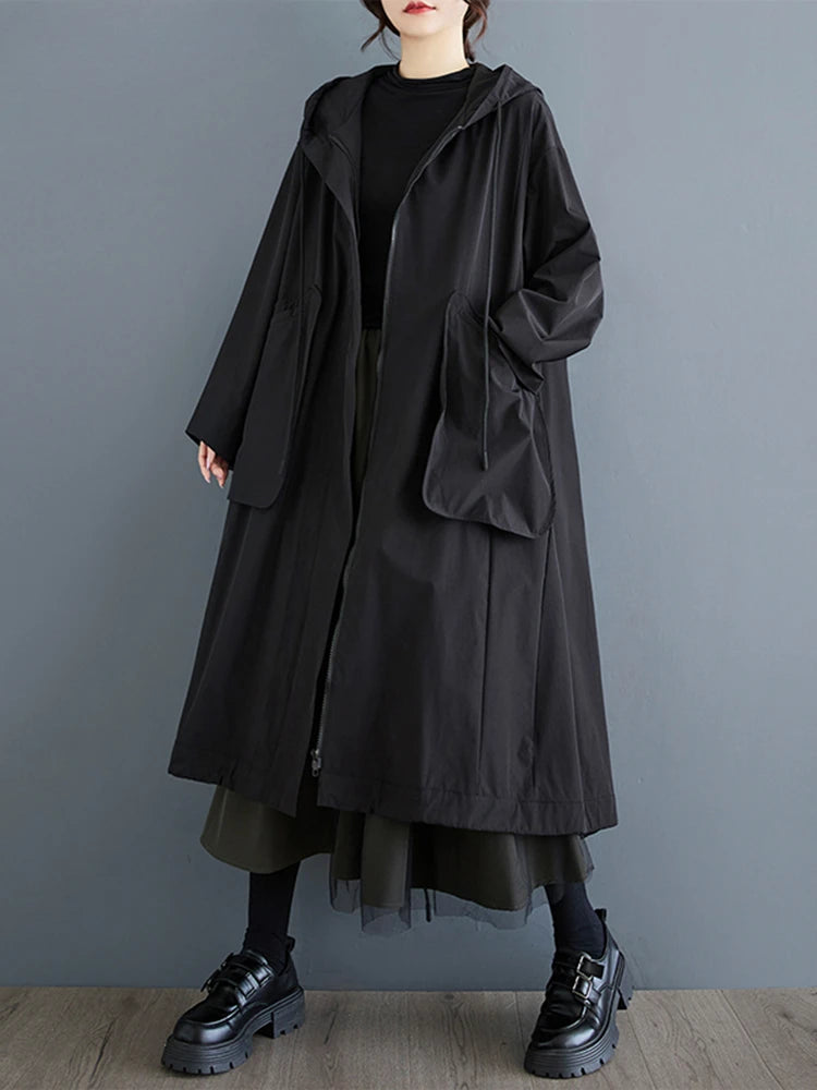 XITAO Solid Color Full Sleeve Hooded Zipper Women Coat Casual A-line Loose Patchwork Pocket Autumn Female Trench GMM1020