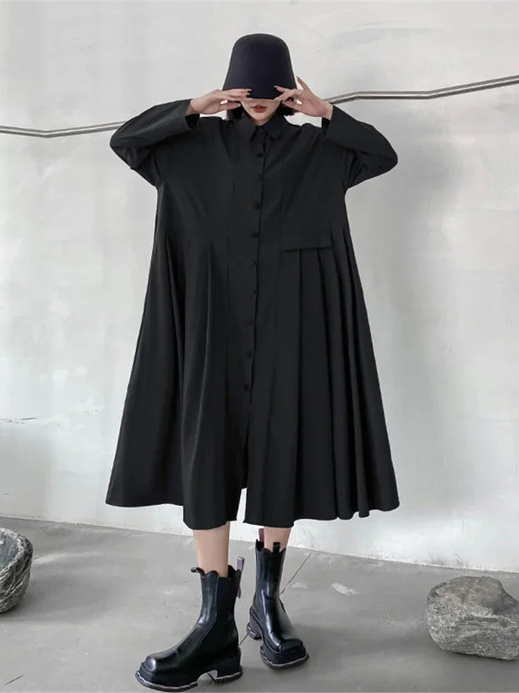 XITAO Single Breast Dress Solid Color Pleated Full Sleeve Goddess Fan Casual Style Cardigans 2024 Spring Minority Dress ZY8148