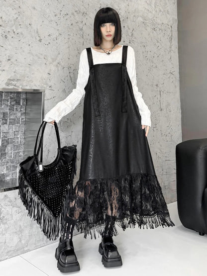 XITAO Lace Tassels Spaghetti Strap Dresses Solid Color Patchwork Square Collar Pullover Loose Fashion Dresses 2024 Autumn LJ1019