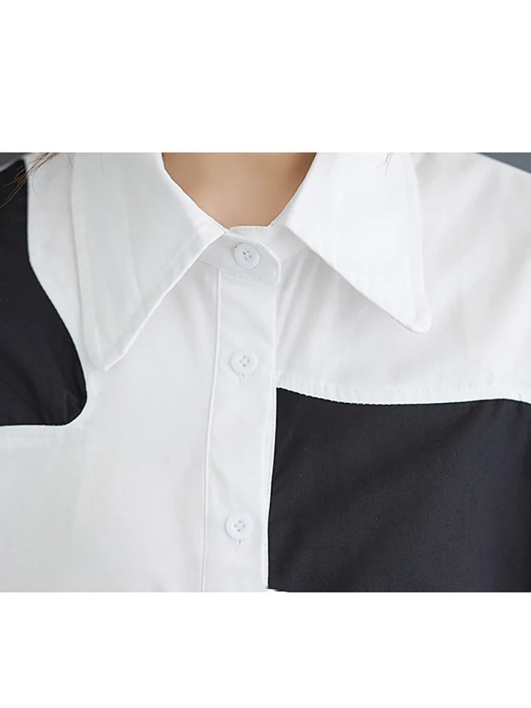 XITAO Asymmetrical Contrast Color Women Shirt Turn-down Collar Single Breasted Short Sleeve All Match Tops 2024 Summer ZY8798