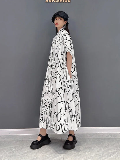 XITAO Fashion Print Shirt Dress Loose Casual Short Sleeve Turn-down Collar Bandage Dress Simplicity Temperament New WLD6893