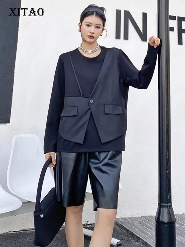 XITAO False Two Pieces Patchwork Female T-shirt Casual Loose Solid Color O-neck Full Sleeve Pullover Top Women T-shirt ZYY1080