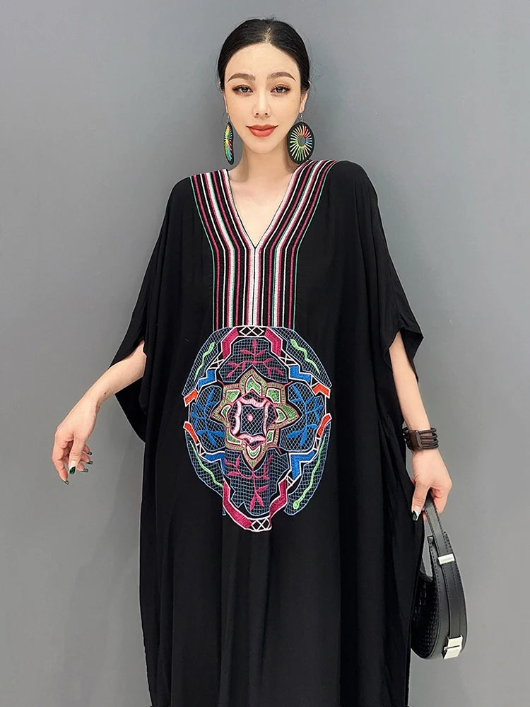 XITAO Embroidery Striped Batwing Sleeve Dresses V-neck Patchwork Loose Floor-length Fashion Dress Summer Casual New ZY8773