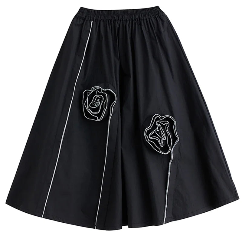 XITAO Black Casual Skirt Three-dimensional Flower Bright Line Decorate Loose Fashion Simplicity Temperament Women Skirt ZY8863