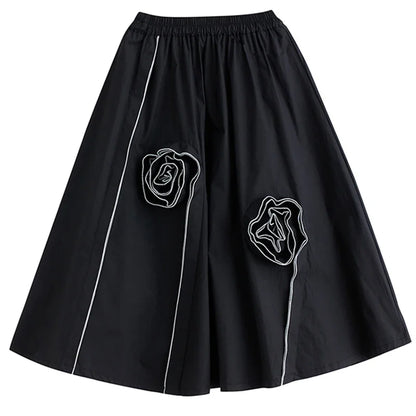 XITAO Black Casual Skirt Three-dimensional Flower Bright Line Decorate Loose Fashion Simplicity Temperament Women Skirt ZY8863