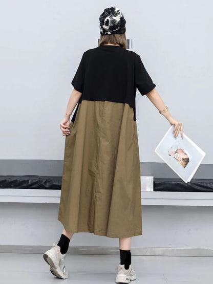 XITAO Hollow Out False Two Pieces Dress Contrast Color Loose Personality Asymmetrical Patchwork T-shirt Dress Summer New LYD1895