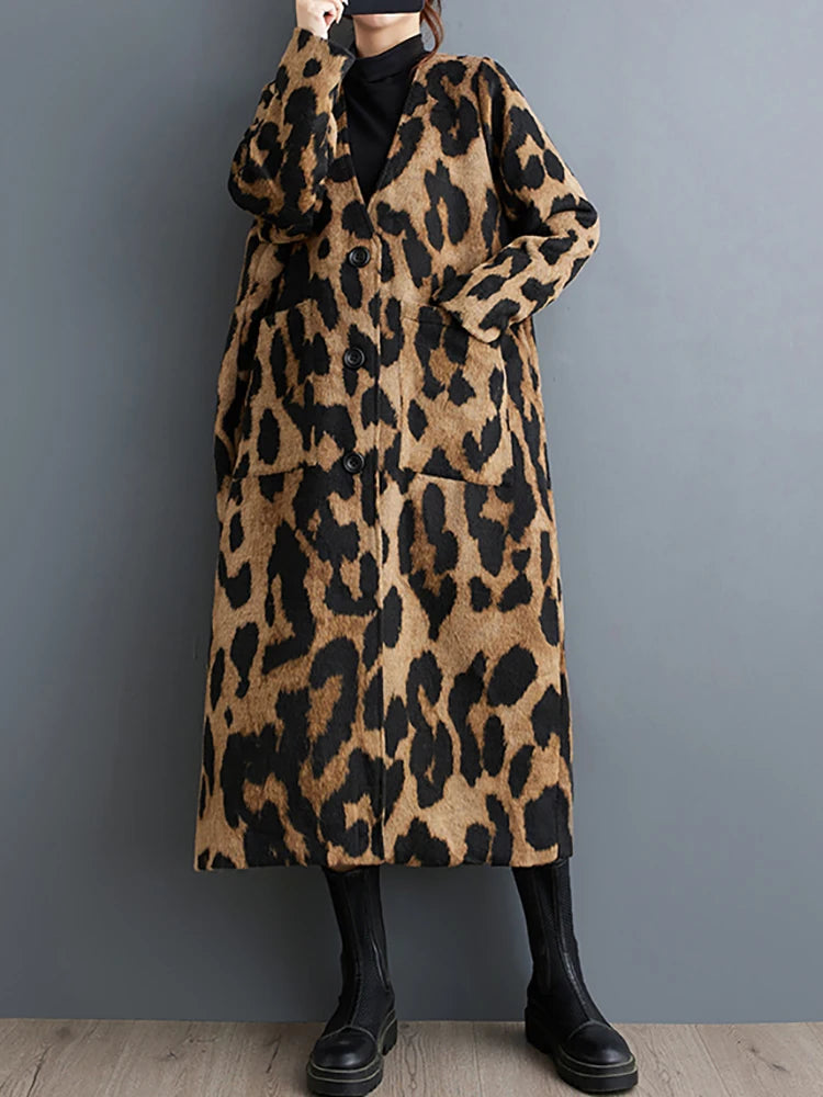 XITAO Leopard V-neck Single Breasted Blends Vintage Long Sleeve Wide Waist Mid-calf All Match Coat 2024 Autumn Fashion ZY8909