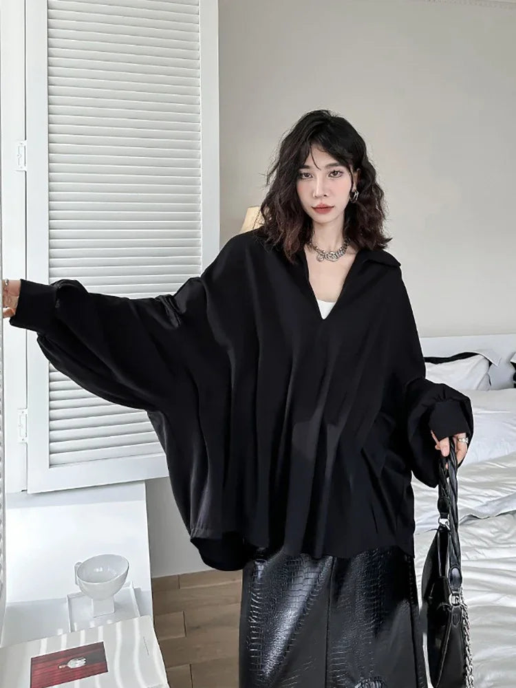 XITAO Asymmetrical Folds Batwing Sleeve Women Blouse Solid Color V-neck Pullover Loose Slimming Top Coat 2024 Autumn New ZY8887