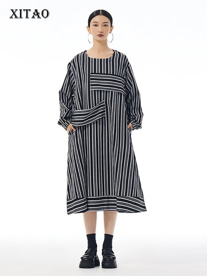 XITAO Contrast Color Women Long Sleeve Dress 2024 Autumn Casual O-neck Pullover Patchwork Loose A-line Striped Dress LJ1074