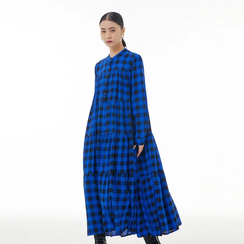 XITAO Plaid Patchwork Stand Collar Dresses Contrast Color Single Breasted Loose Mid-calf Slimming Long Sleeve Dress New DMJ3419