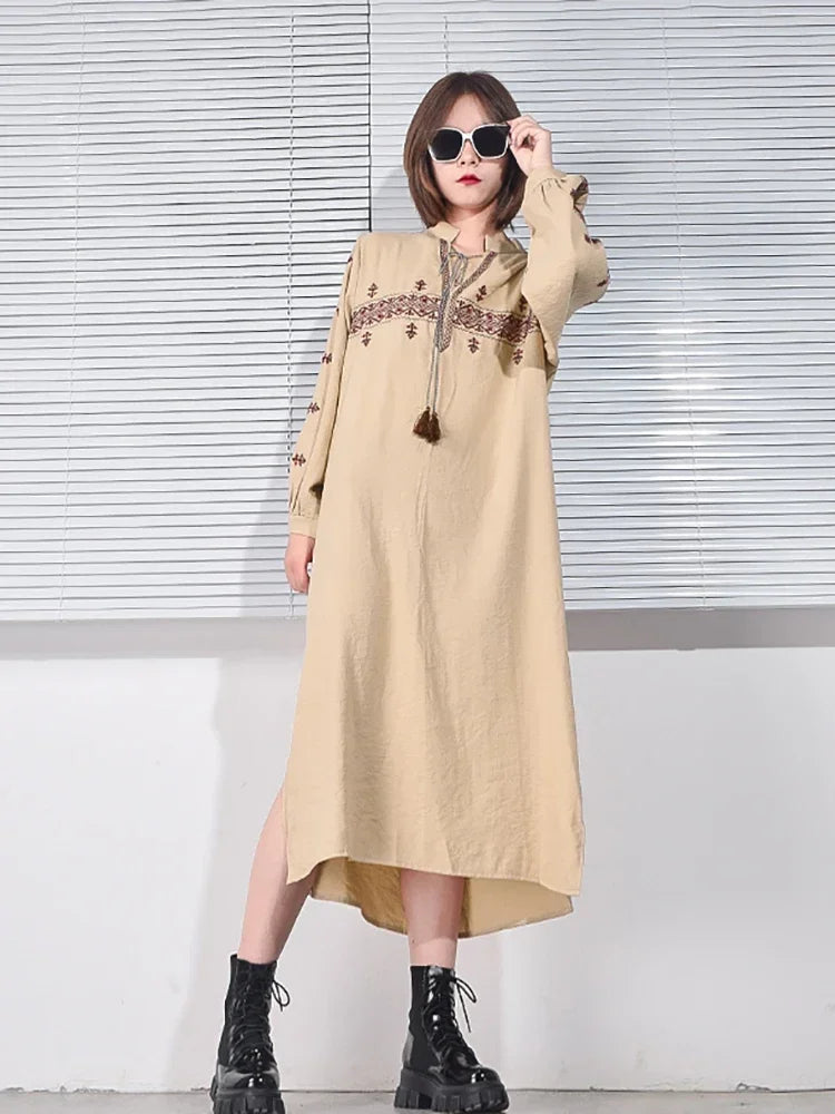 XITAO Drawstring Embroidery Dress Spring Women Fashion Small Fresh Neck Pullover Elegant Minority Vintage Dress LJT4191