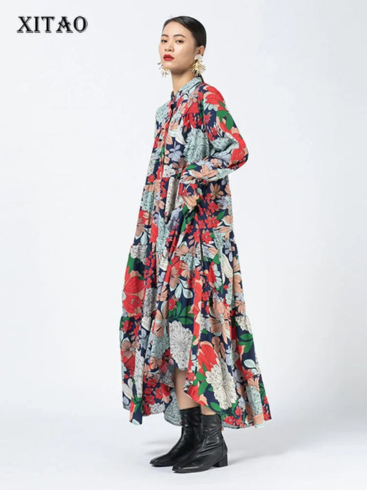 XITAO Vintage Floral Print Maxi Dresses for Women Long Sleeve  Minority Woman Dress Fashion Trend Autumn XJ5331