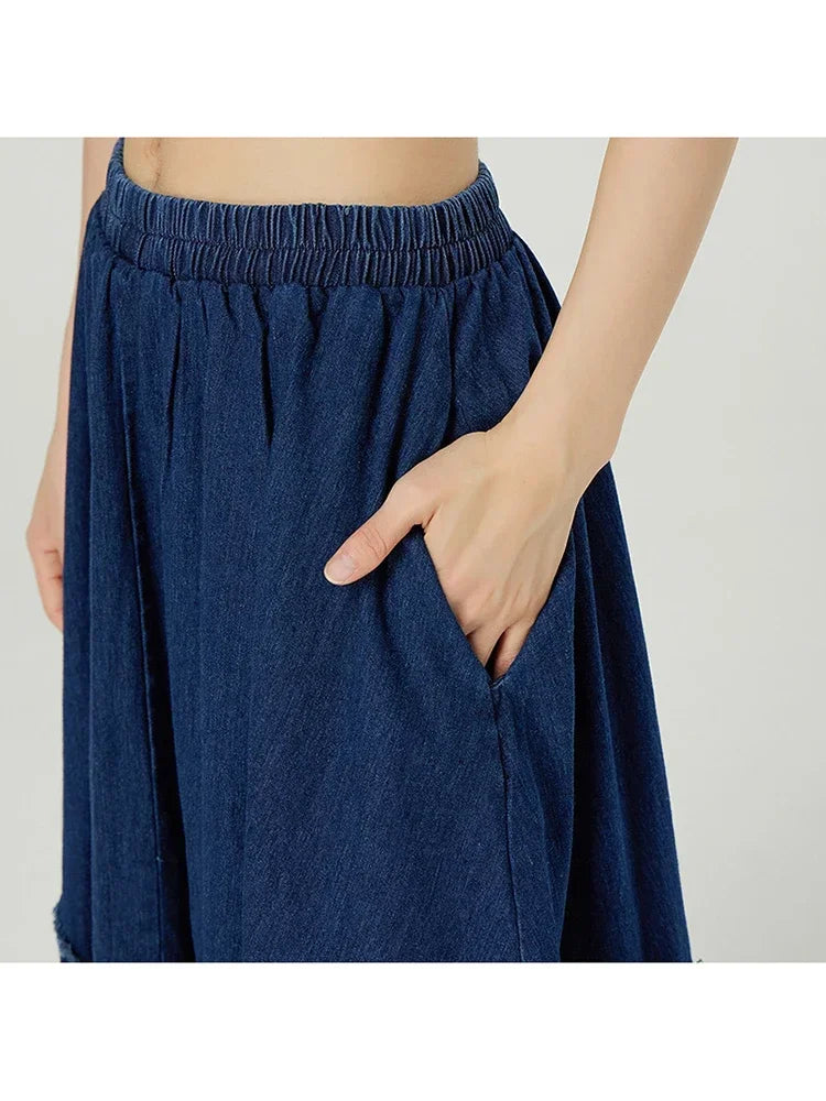 XITAO Vintage Denim Skirt Fashion New Pocket Elastic Waist Spring Summer Pleated Small Fresh Irregular Patchwork Skirt GWJ0153