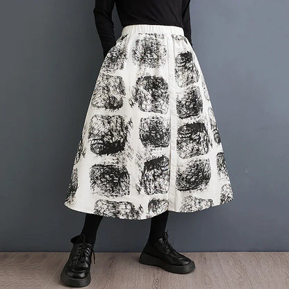 XITAO Single Breasted Pocket Print Skirts Elastic Waist Korea Loose Mid-calf Fashion Skirts New Arrival All Match DMJ3367