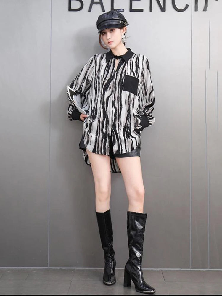 XITAO Striped Print Pocket Patchwork Split Blouse Pullover Turn-down Collar Long Sleeve Slimming Temperament Shirt ZY8925