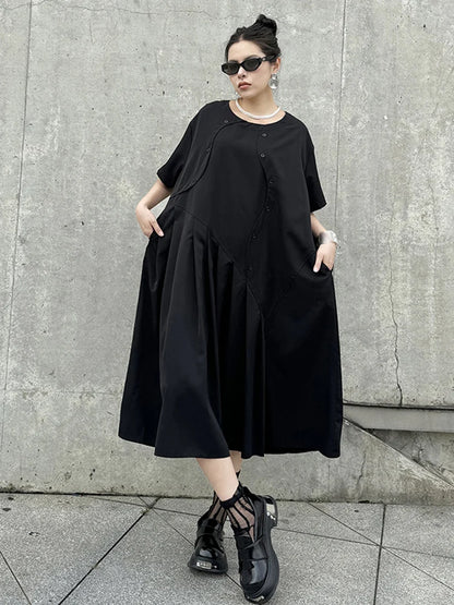 XITAO Asymmetrical Pleated Dress Loose Fashion Solid Color Splicing Short Sleeve Dress Summer Casual New Loose Women HQQ2310