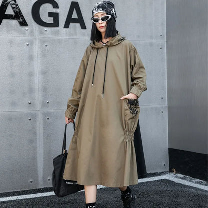 XITAO Loose Casual Pullover Mid-calf Women Dress Patchwork Hooded New Arrival Fold Fashion Long Sleeve A-line Dress ZYY1003